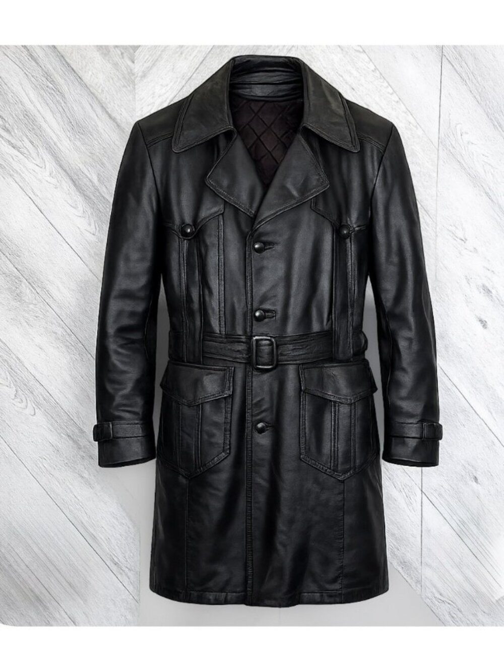 Vintage Black Leather Trench Coat 3/4 Length Jacket Belted Mens Size Large